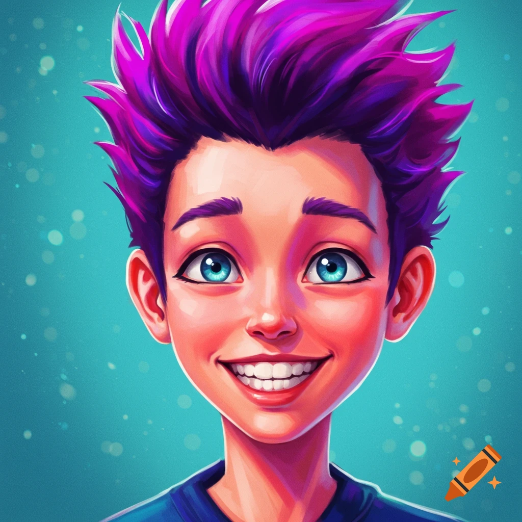 Close-up of a person with vibrant purple spiky hair and bright blue eyes, smiling.