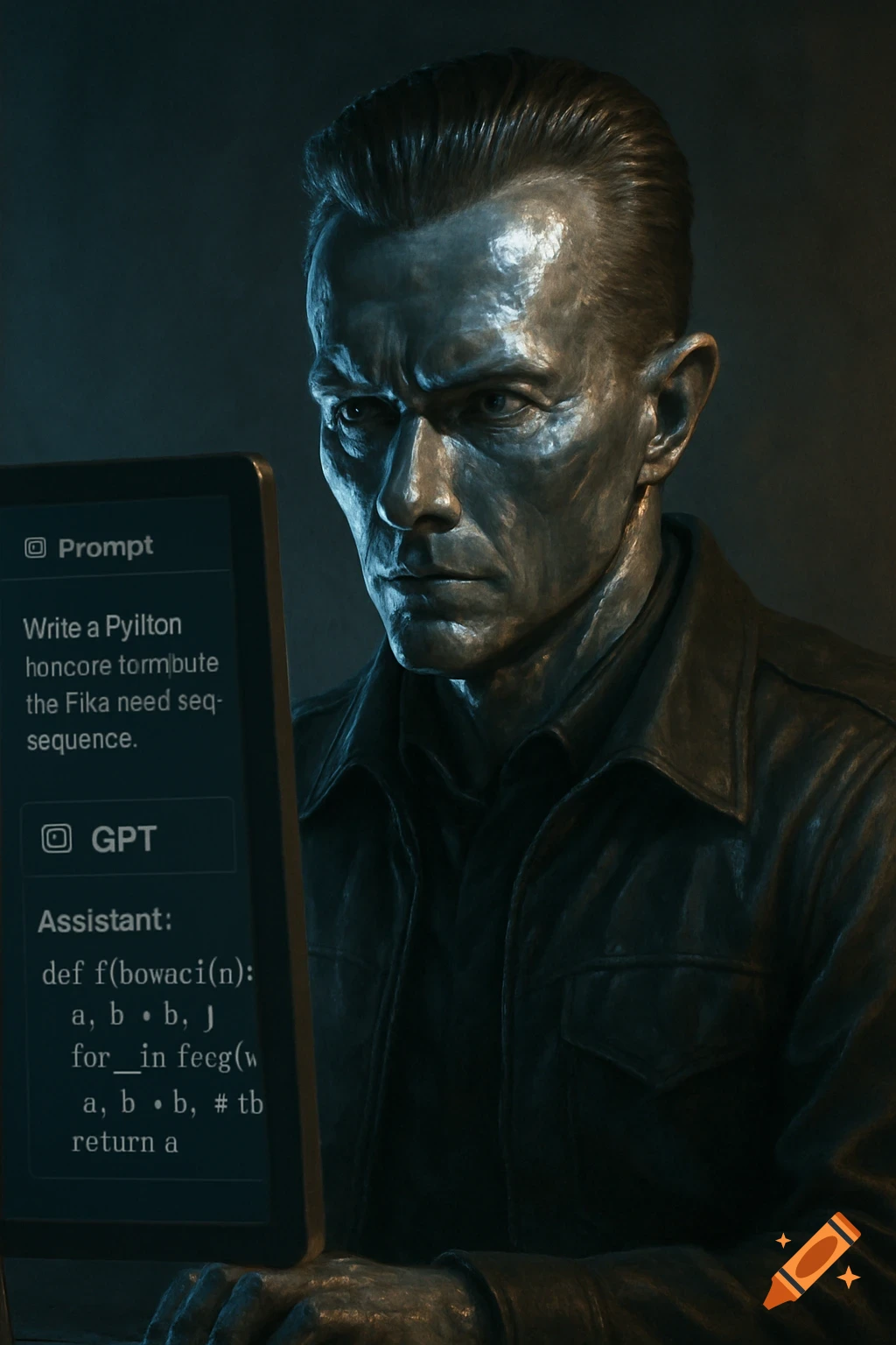 Metallic cyborg figure stares intently at computer screen displaying code.