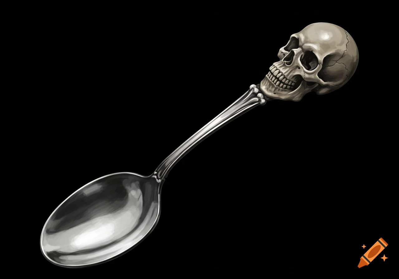 A spoon with a detailed skull handle on a black background.