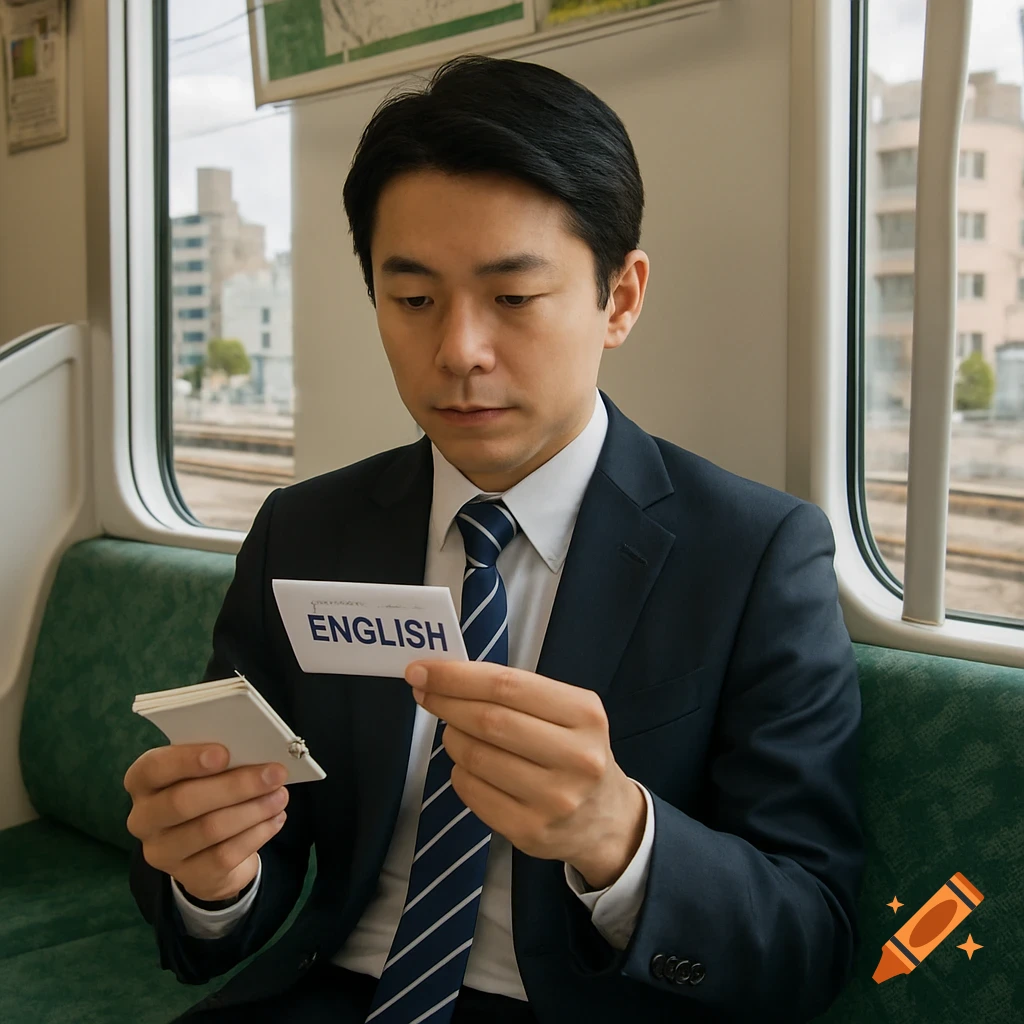a-man-in-a-suit-studies-english-flashcards-while-riding-a-train-on-craiyon