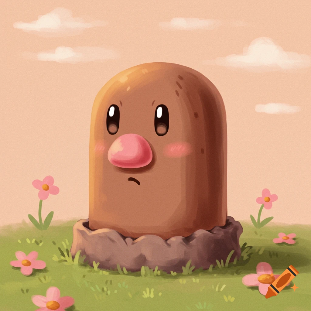 A Diglett-like creature emerging from the ground in a field with flowers and clouds.