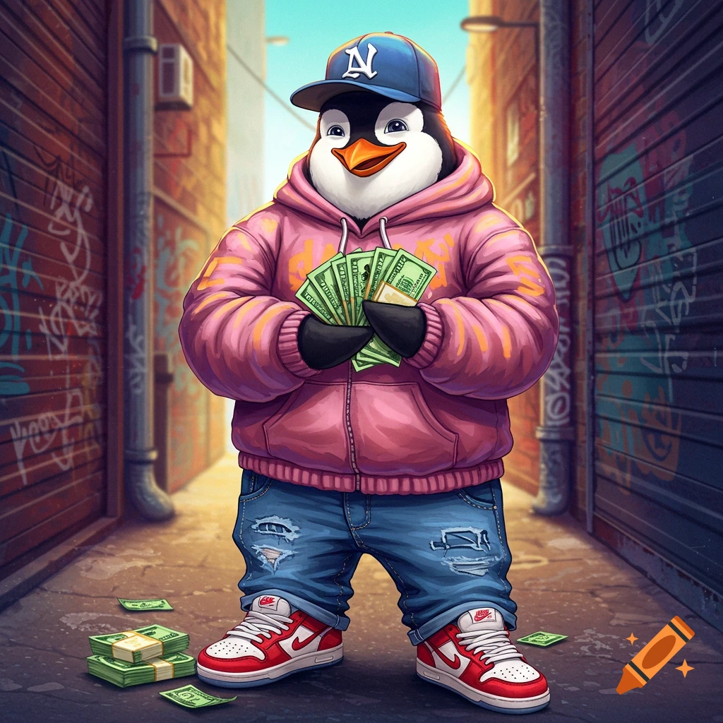 Cartoon penguin in streetwear holding money in an alley.