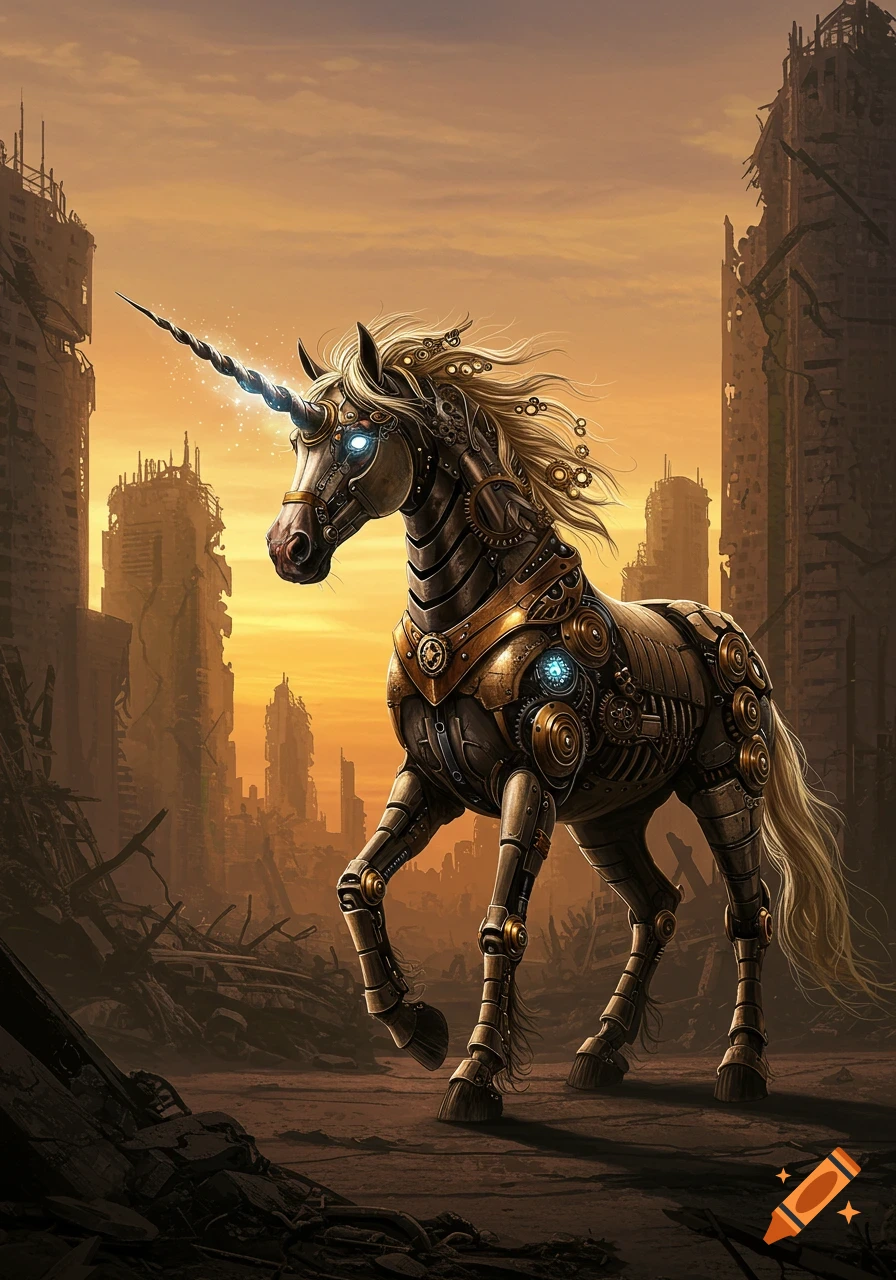 A detailed steampunk unicorn with gears and metal plating stands in a ruined city at sunset.