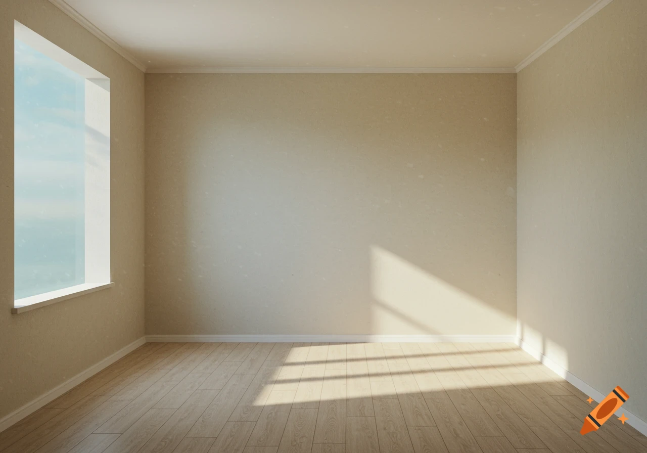 Empty room with wood floor, large window, and sunlight