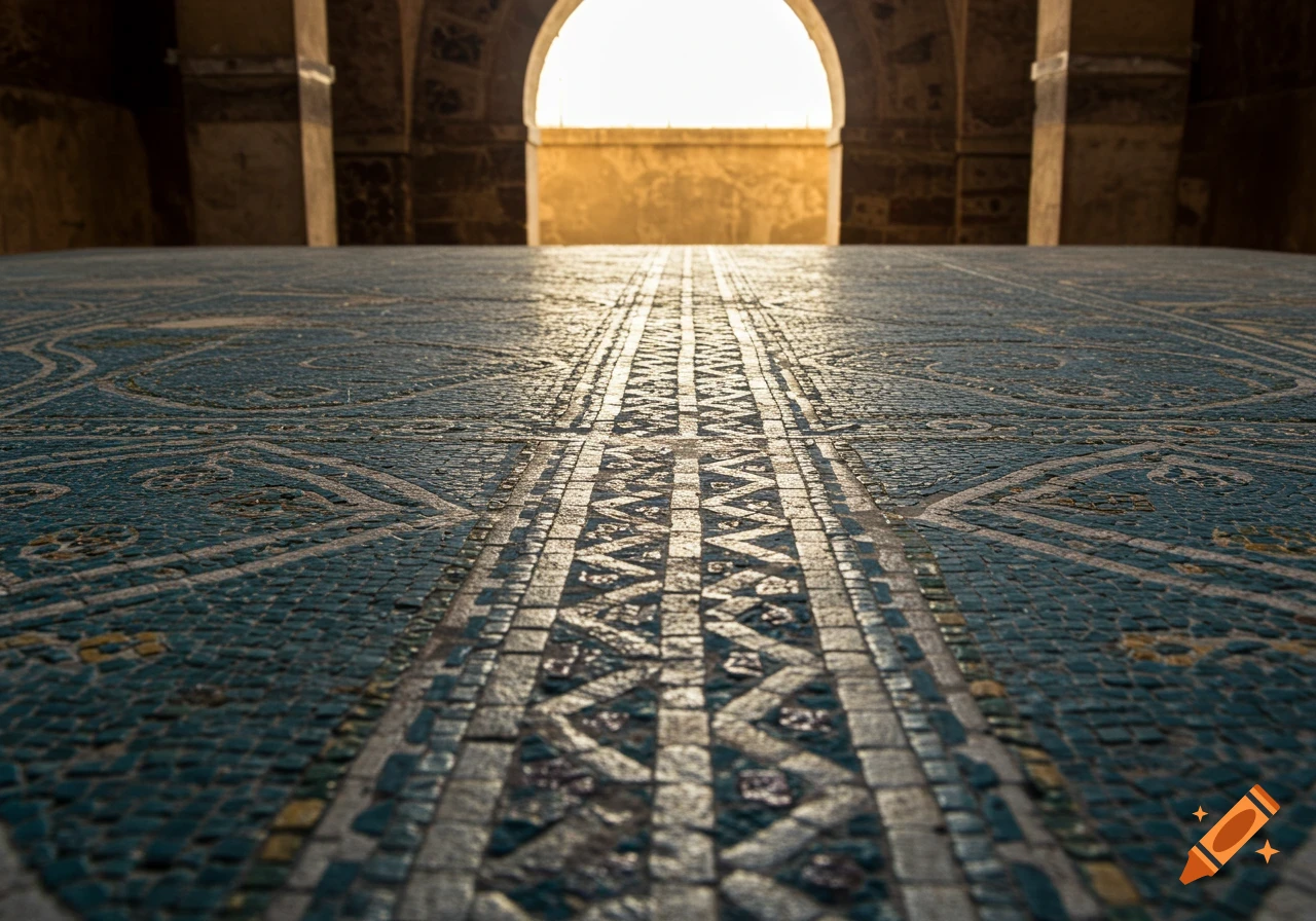 A low-angle view of a detailed tiled floor leading toward sunny arches.