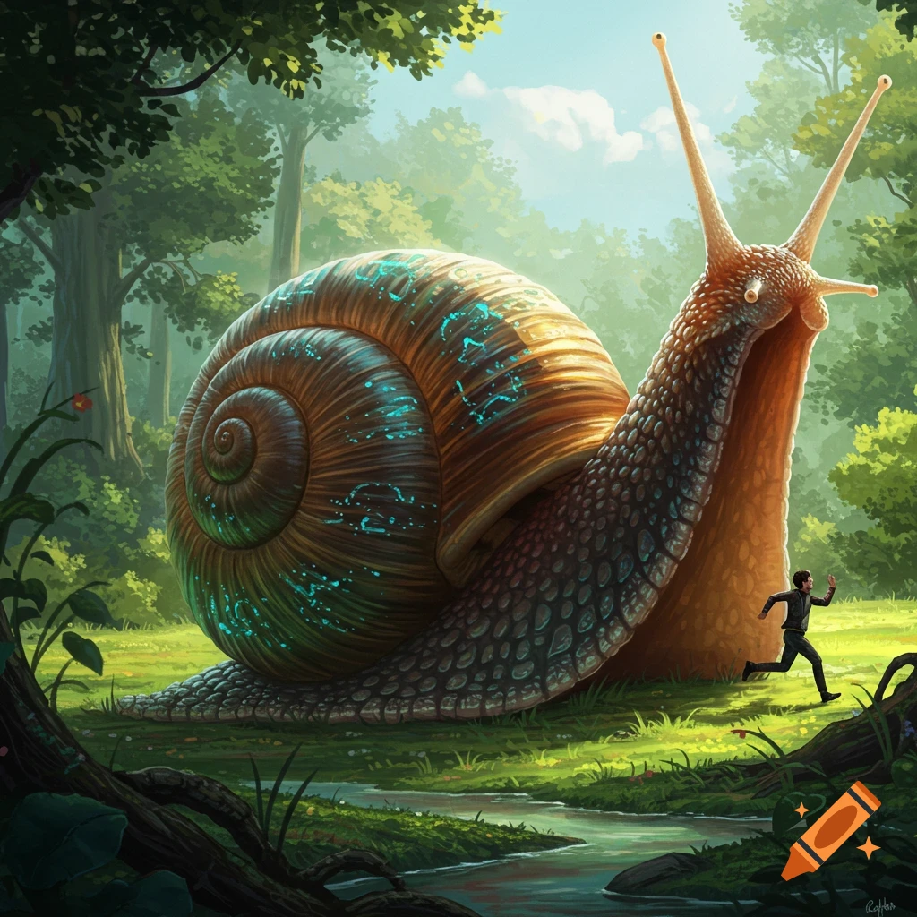 A giant glowing snail chases a tiny human through a sunlit forest.