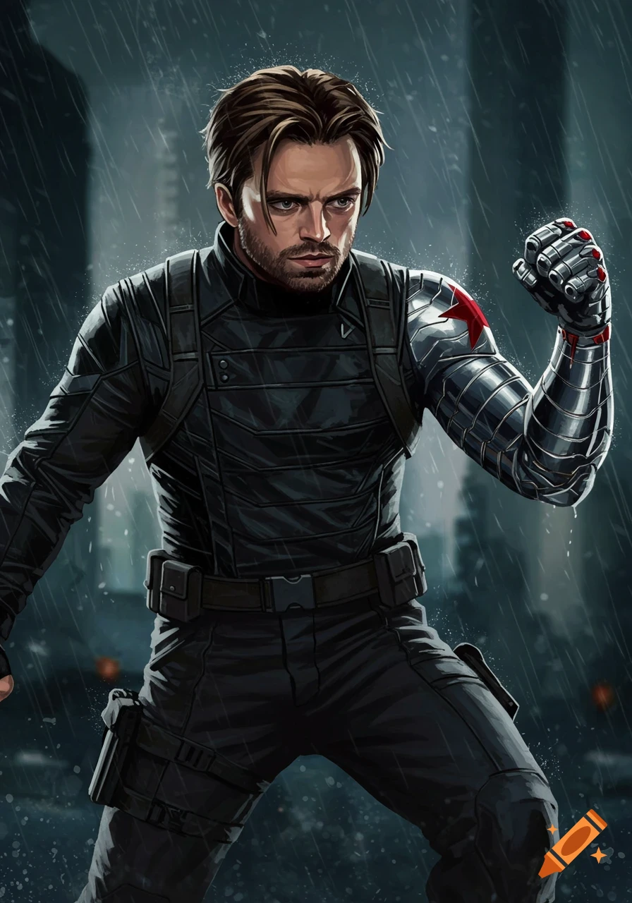Image of Bucky Barnes in tactical gear in the rain