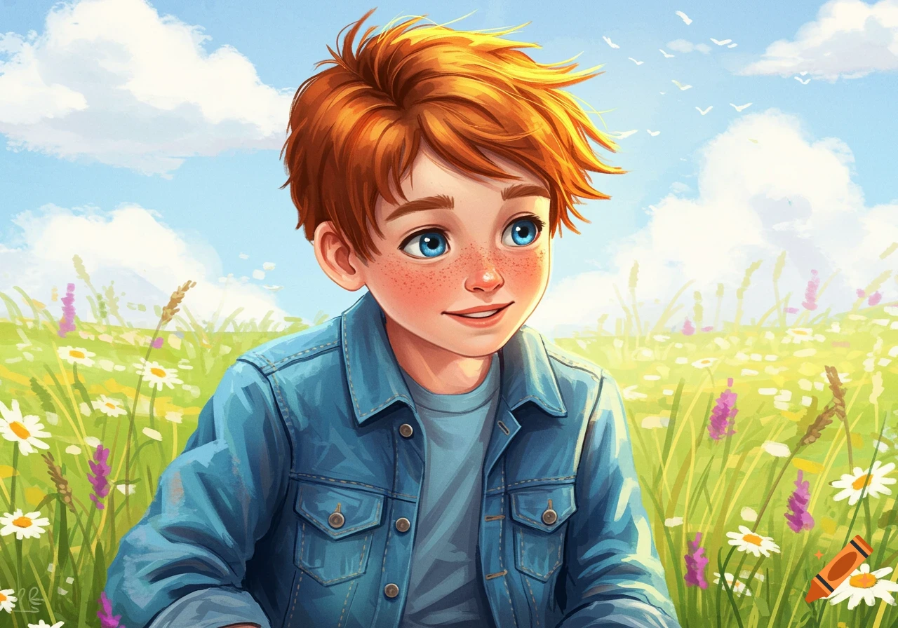Illustration of a young boy with red hair sitting in a sunlit meadow with wildflowers.