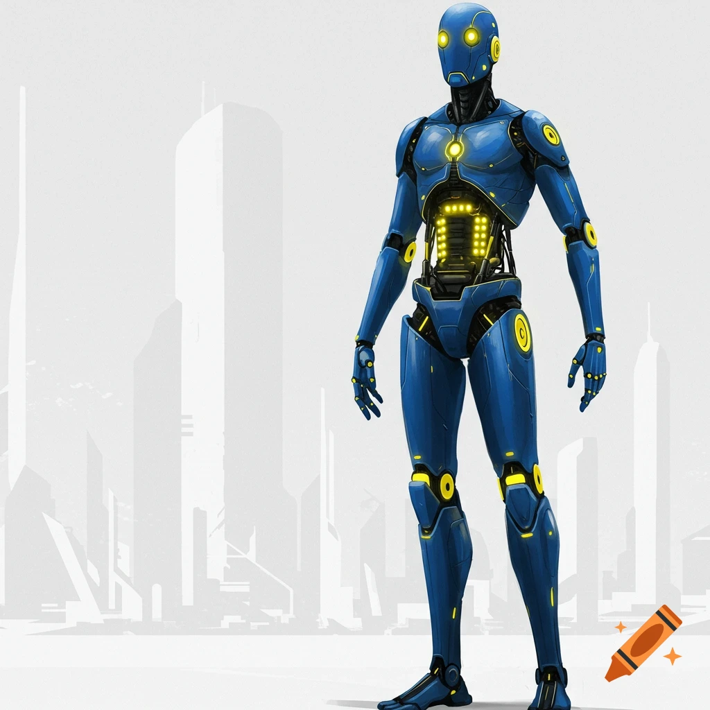 A blue robot with yellow lights stands before a stylized city skyline.
