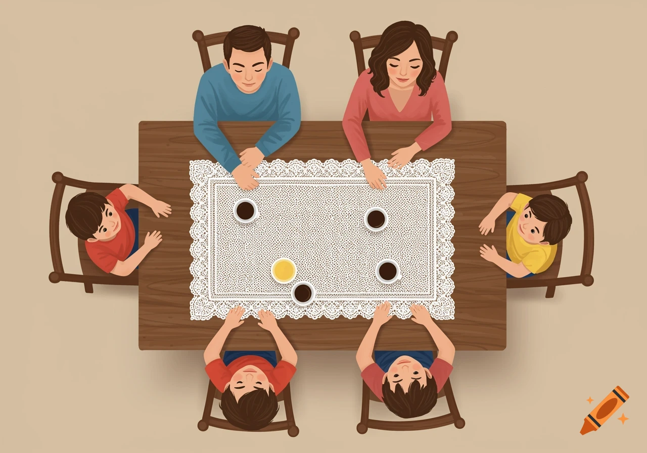 Bird's eye view cartoon illustration of a family of five sitting around a table.