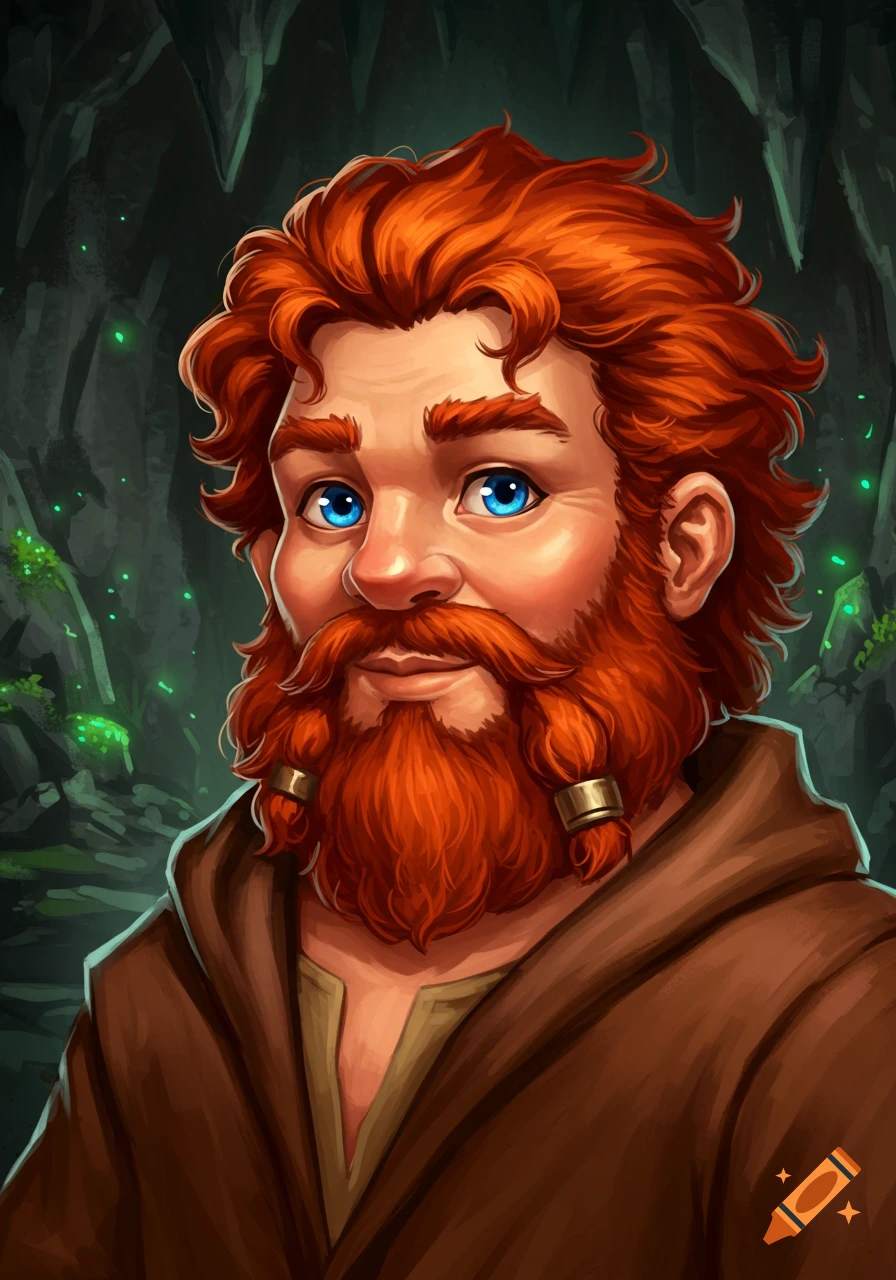 A young male dwarf with red hair, blue eyes, and a brown robe.