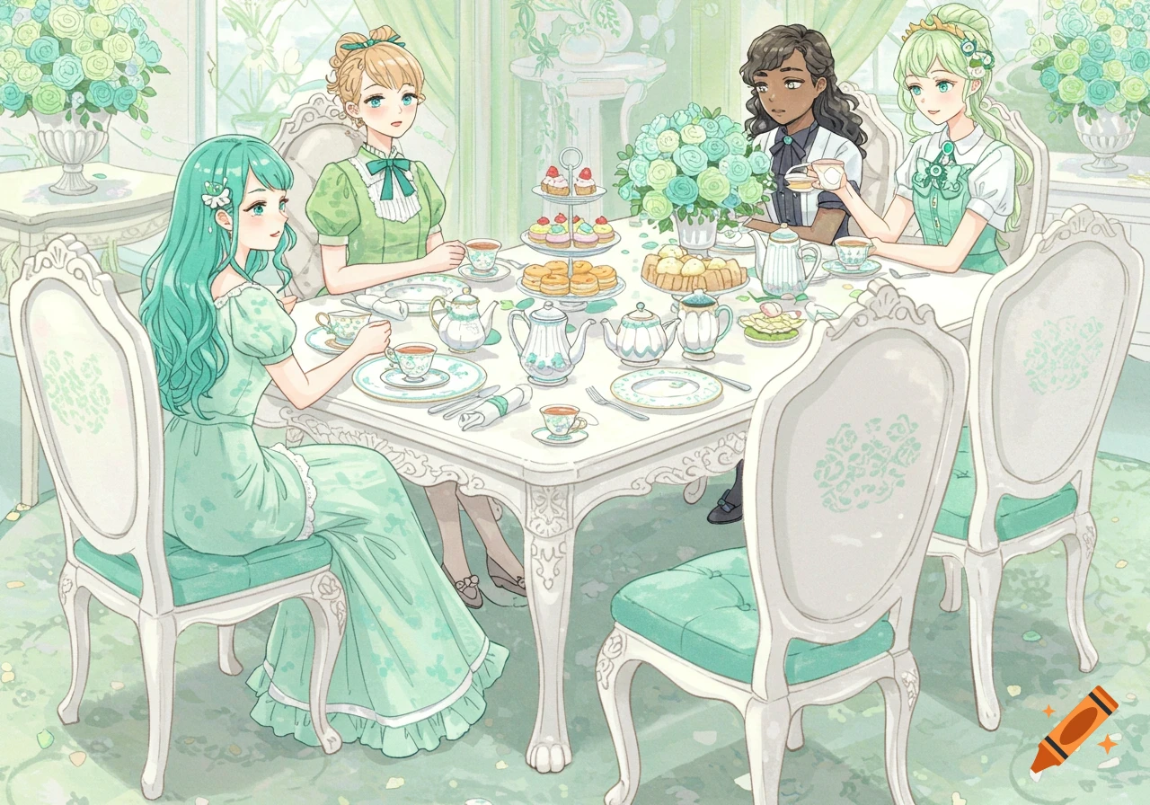 An anime-style illustration of four women having a tea party with white furniture and teal and light green accents.