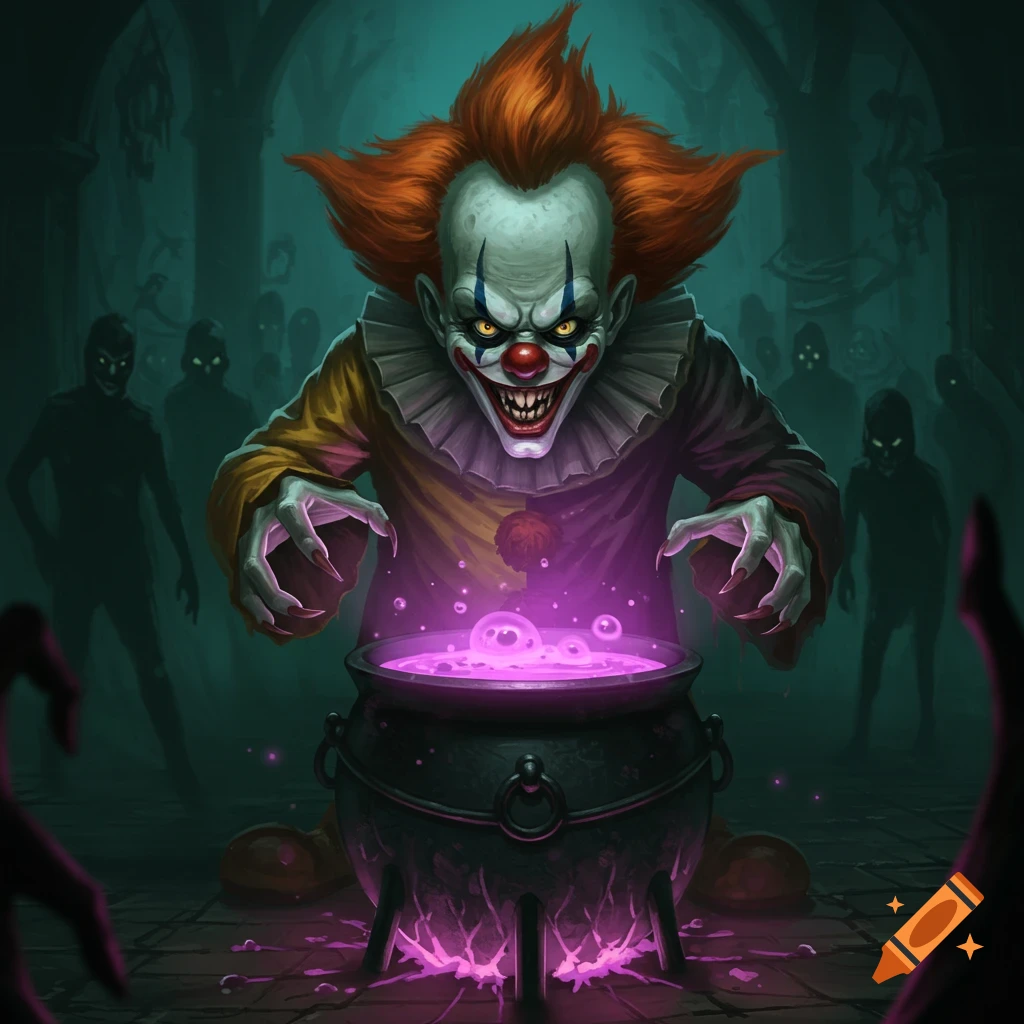 A scary clown with sharp teeth and glowing eyes leans over a bubbling, glowing cauldron in a dark, eerie setting with shadowy figures.