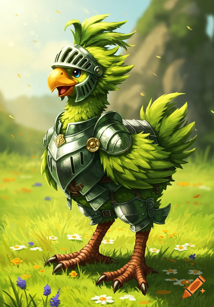 A green Chocobo knight in armor is standing in a field of flowers.