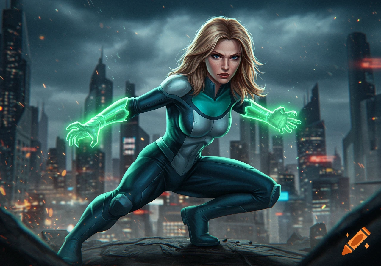 Superhero in a green and white suit crouching, hands glowing with green energy, on a rooftop overlooking a futuristic city.