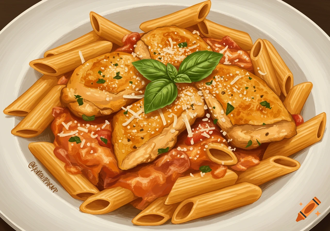 A dish of chicken and penne pasta in tomato sauce on a white plate, garnished with basil and cheese.