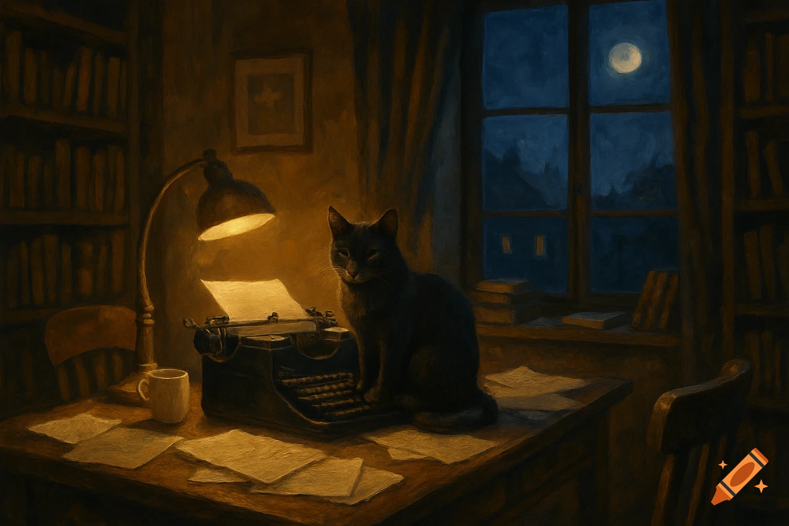 A black cat sits on a typewriter on a desk in a dark, cozy study at night with papers scattered around. A full moon is visible through the window. Painterly style.