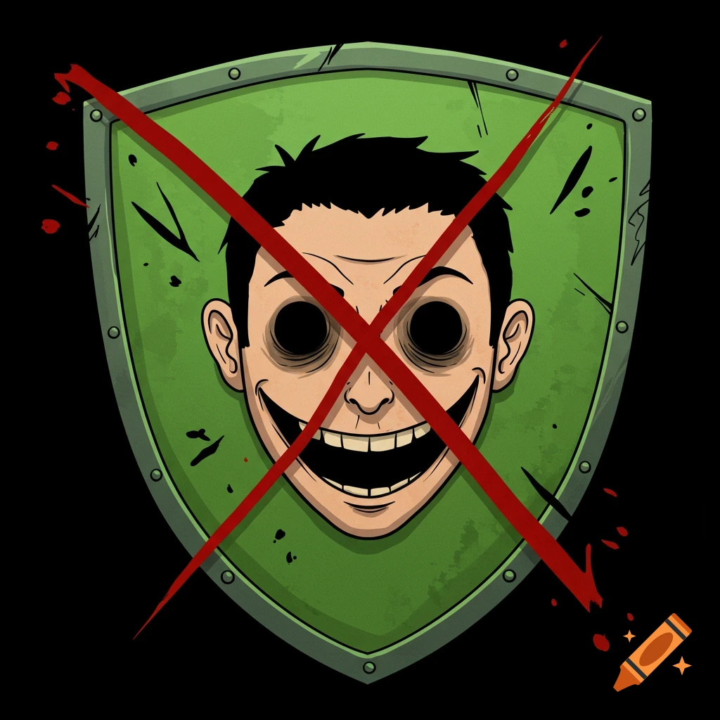 Cartoon of a creepy face with black eyes and wide grin on a green shield with a red X over it.
