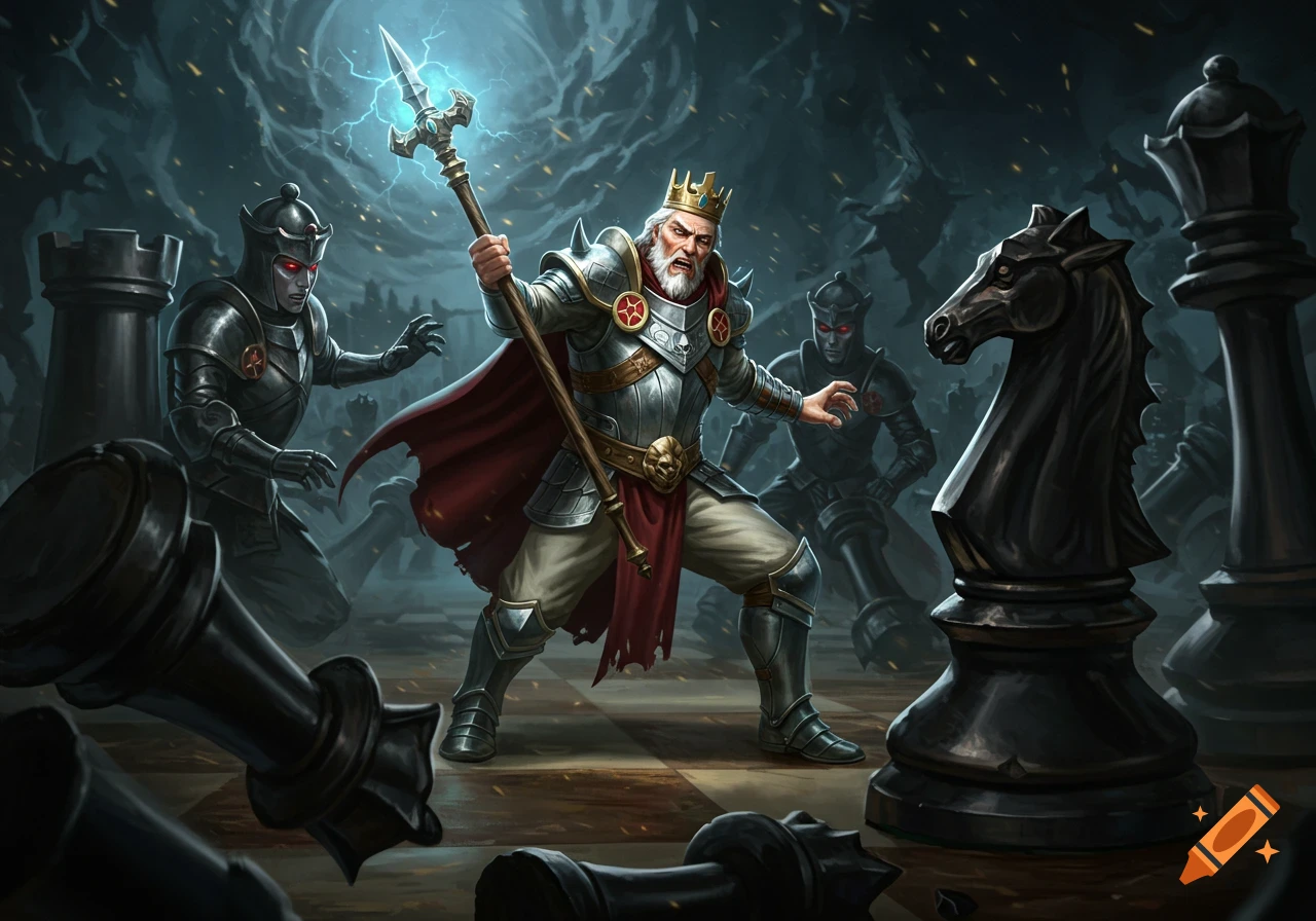 A king figure battles black chess pieces in a dark fantasy scene.