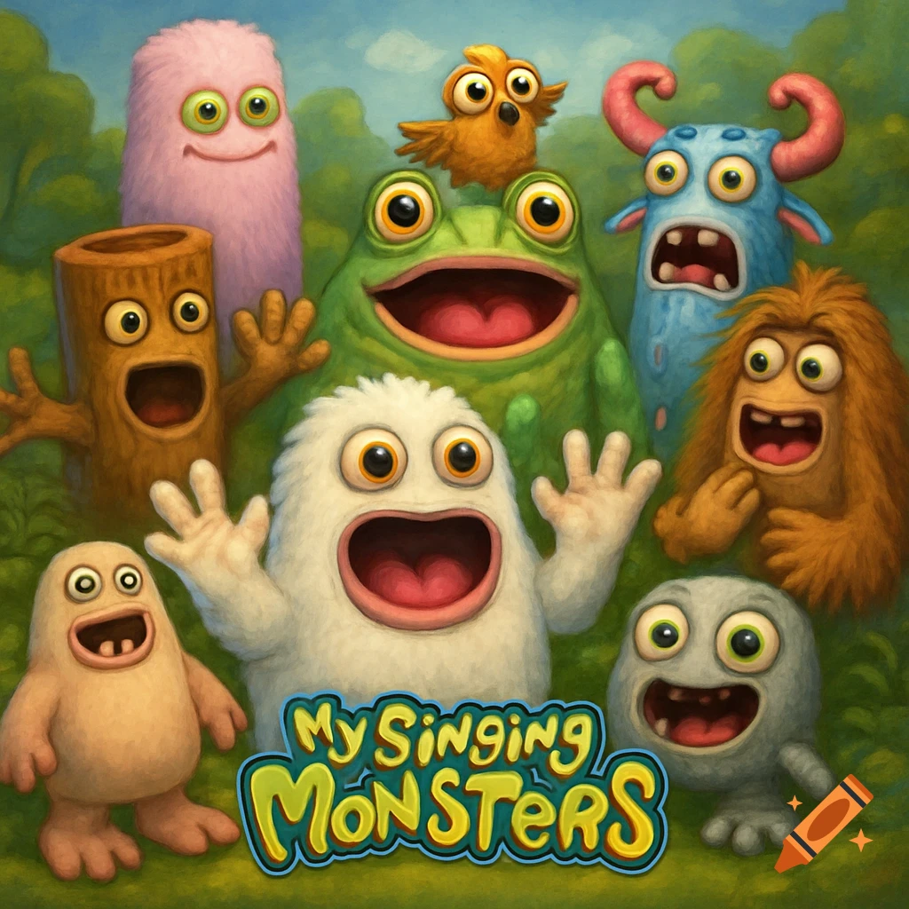 Multiple cheerful cartoon monsters with the My Singing Monsters title.