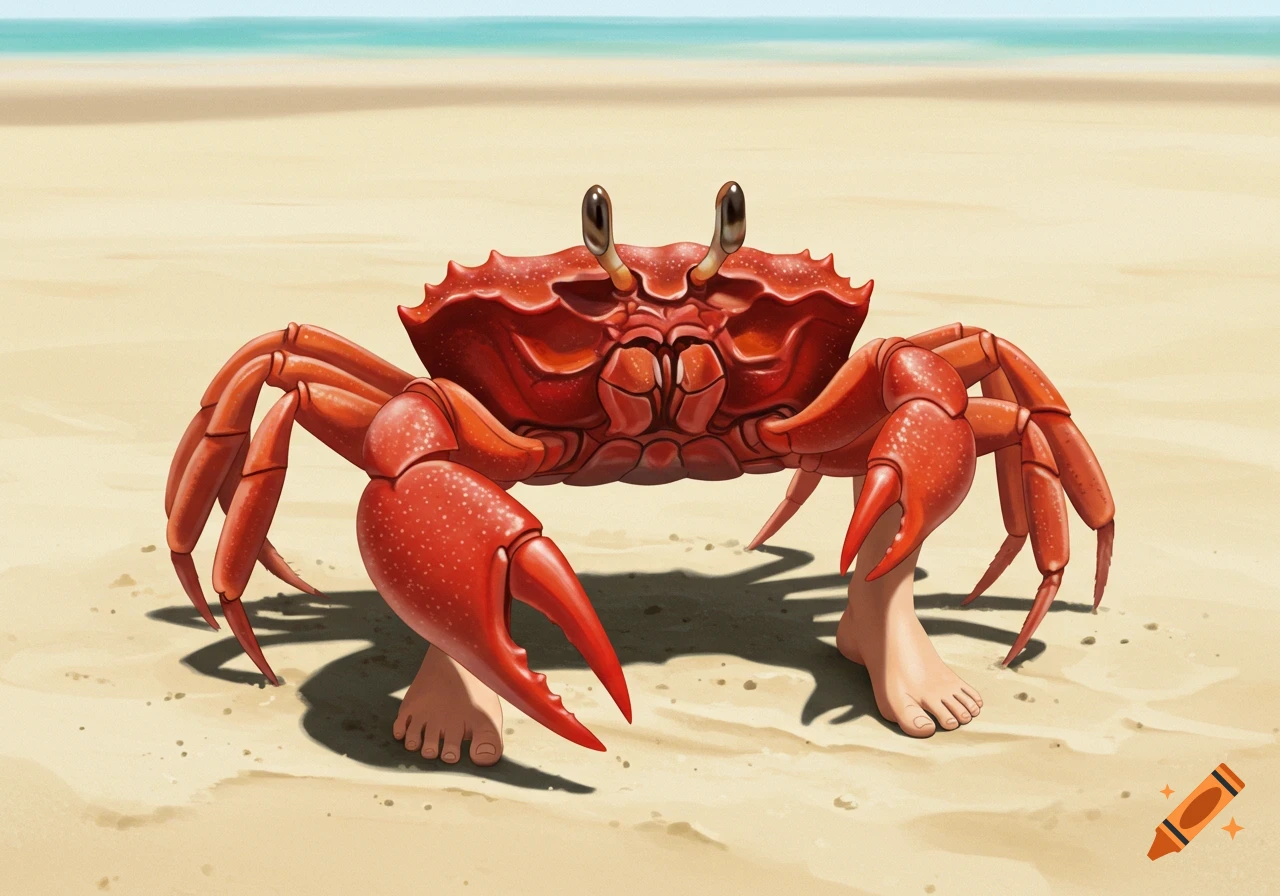 A large red crab with human feet stands on a sandy beach.