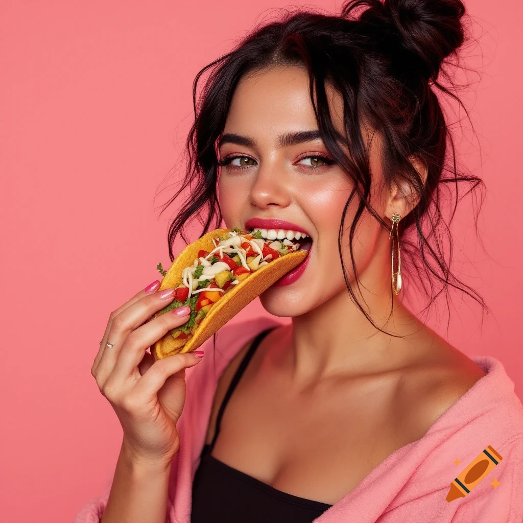 A woman with dark hair pulled back eats a taco on a pink background.