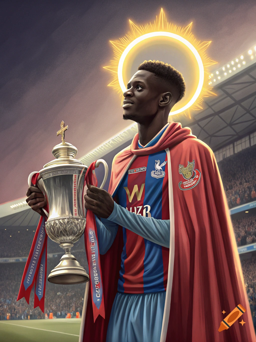 A soccer player in a Crystal Palace jersey and red cloak, depicted as a saint with a halo, holding a large silver trophy in a stadium.