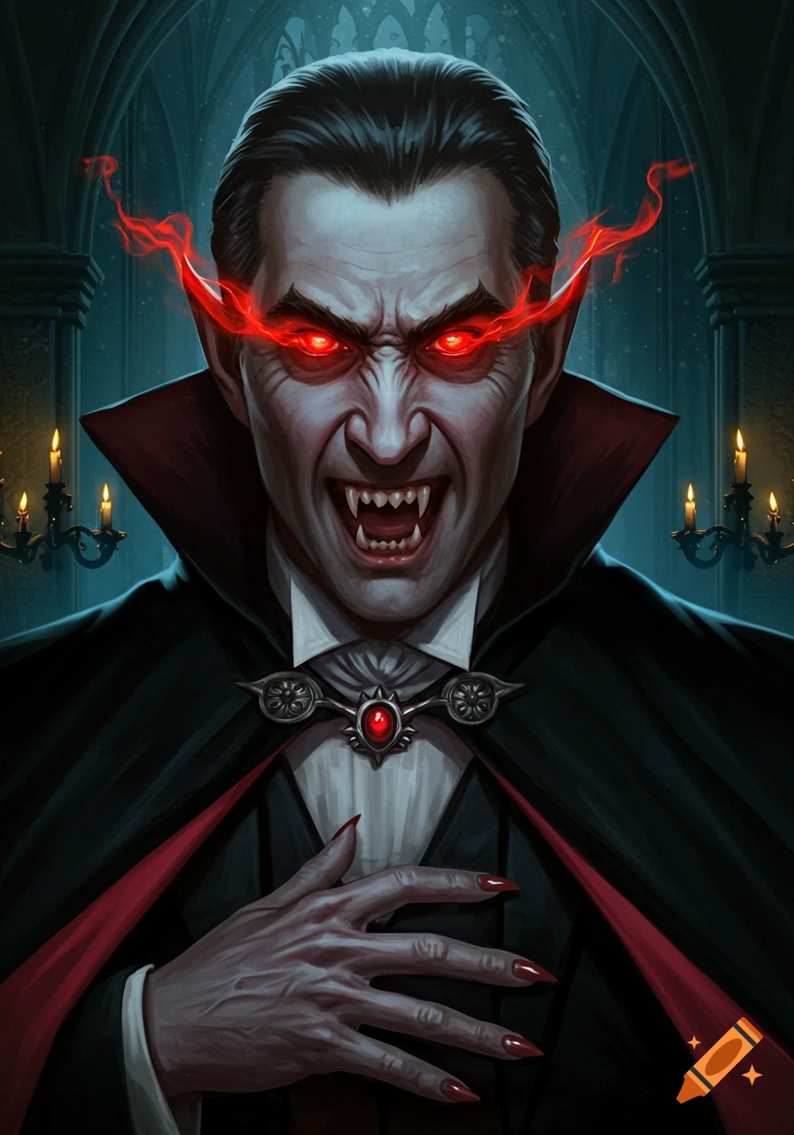 Vampire with red eyes and fangs in a gothic setting.