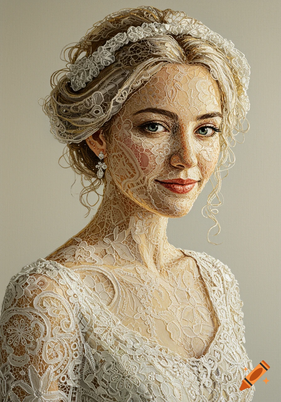 Realistic oil painting portrait of a woman covered in intricate white lace, wearing a wedding dress and headpiece.