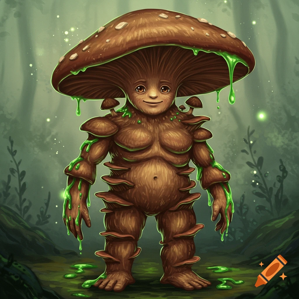 A mushroom man creature with green slime dripping in a forest.