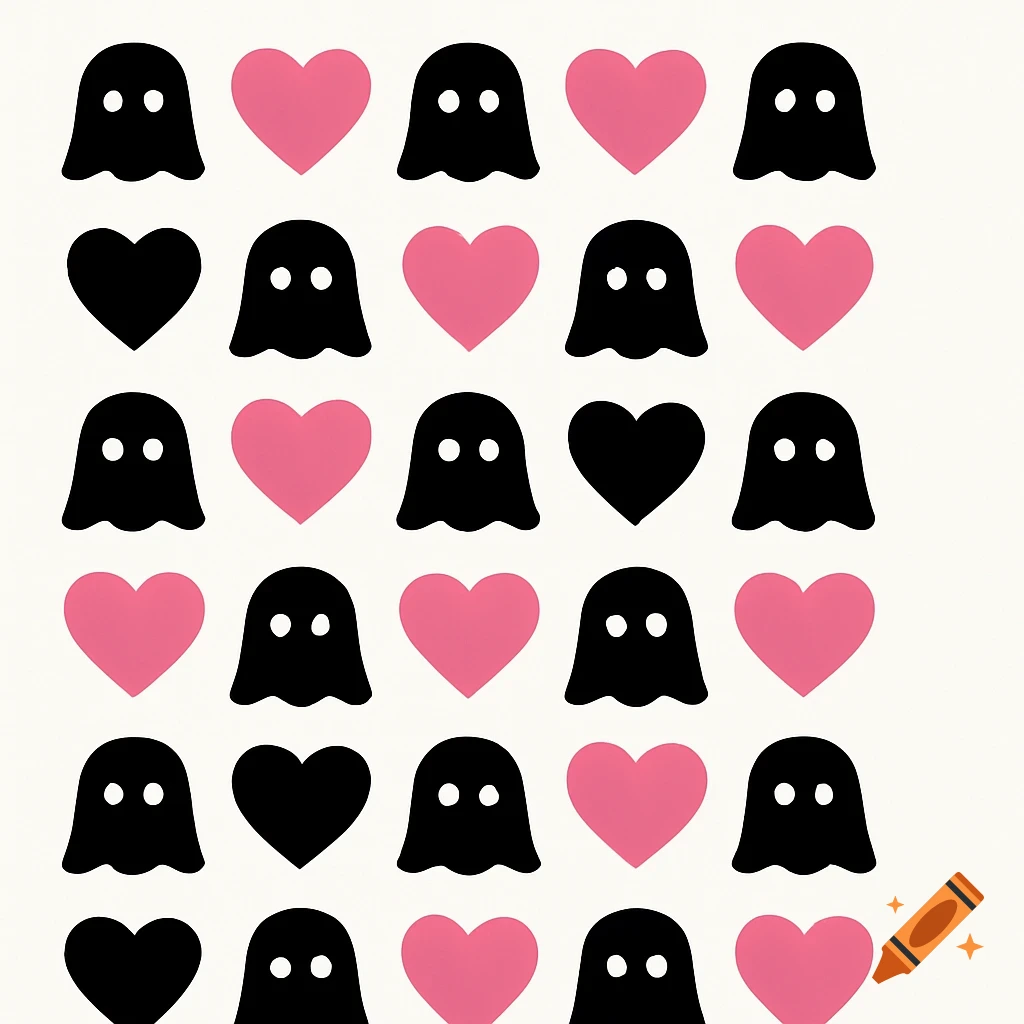 Grid of black ghosts and pink and black hearts on a white background