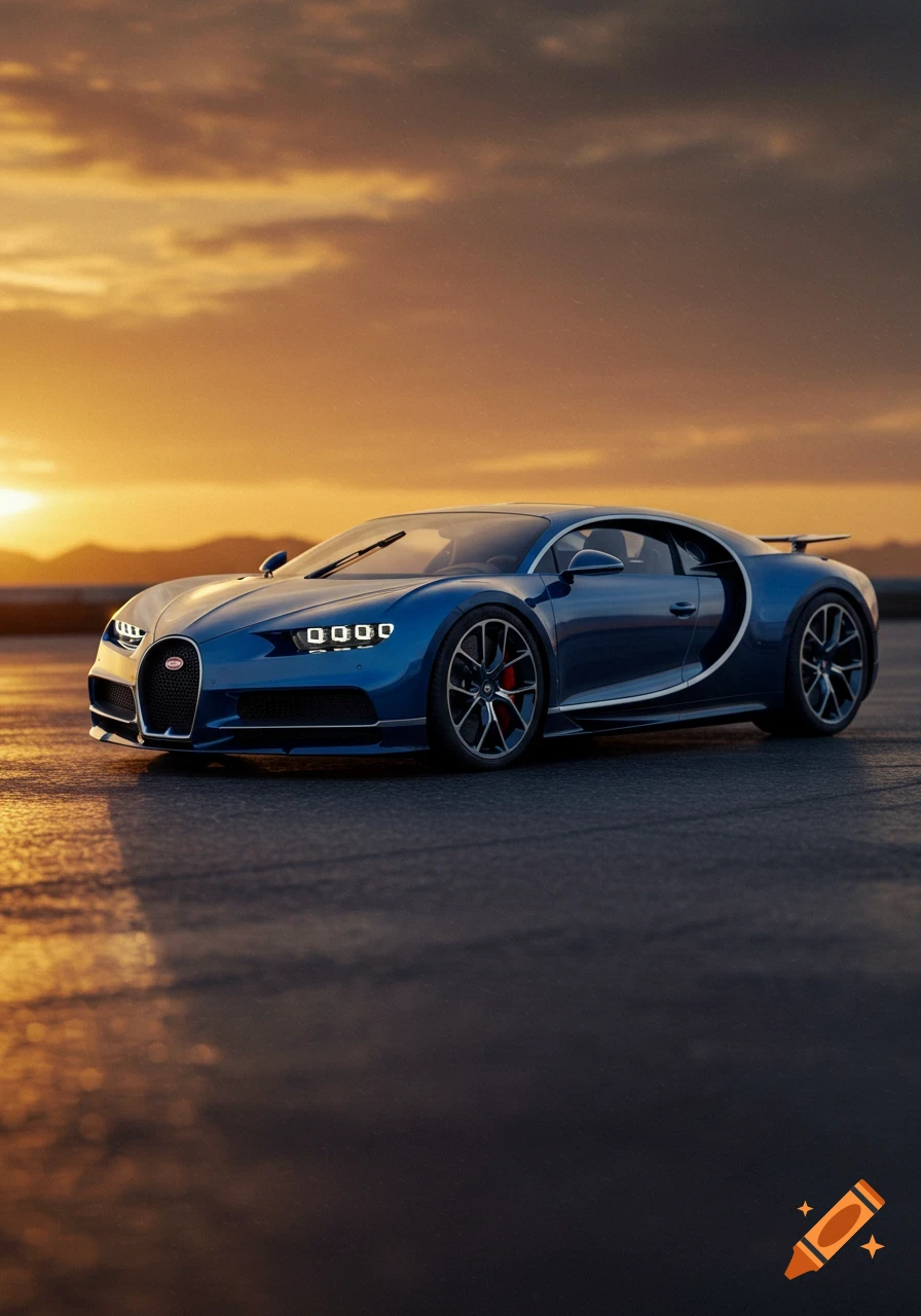 A blue Bugatti Chiron parked on pavement at sunset.