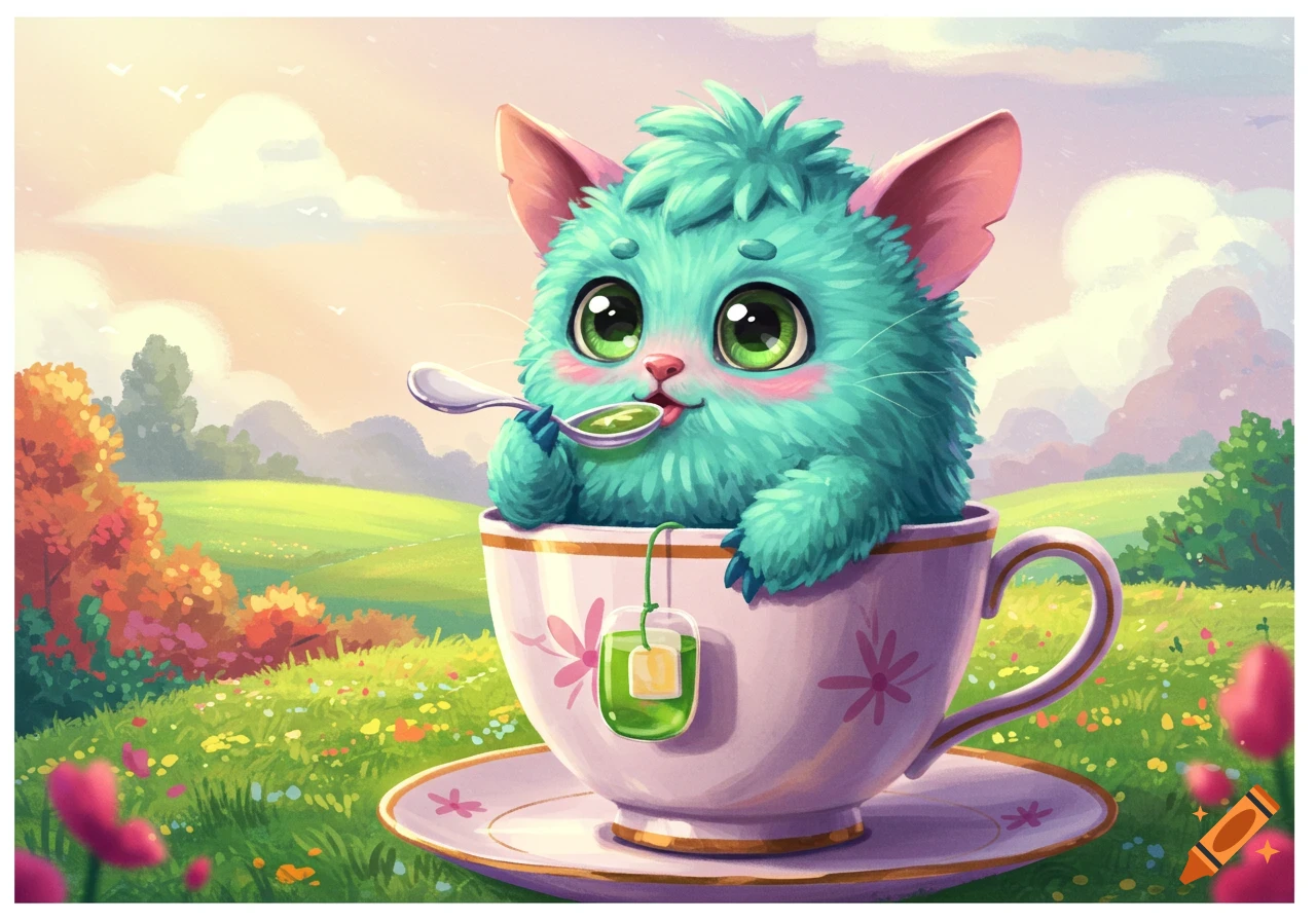 A cute, fluffy teal creature sits in a teacup, holding a spoon with green liquid in a sunny meadow.