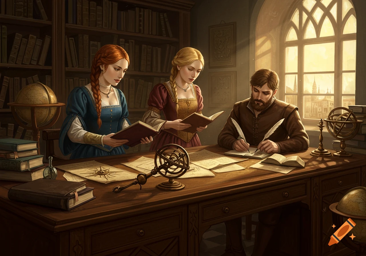Two women and a man study at a large desk in a historical library with bookshelves and a window.