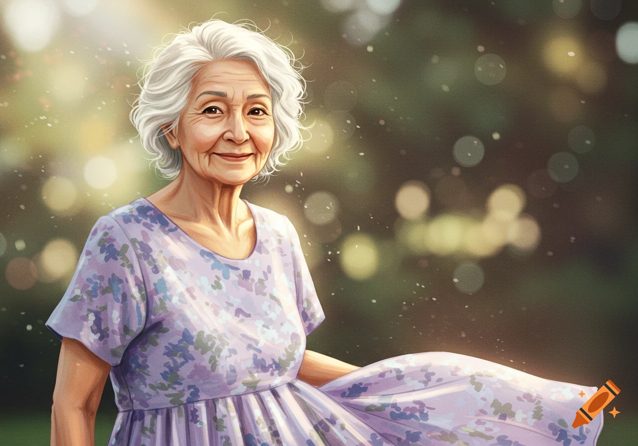 Portrait of an elderly woman smiling in a floral dress outdoors.