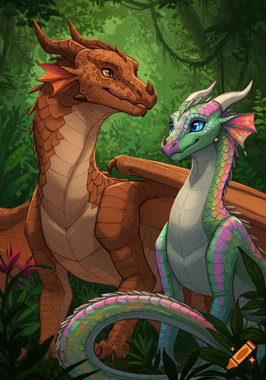 A brown dragon and a multi-colored dragon in a forest.