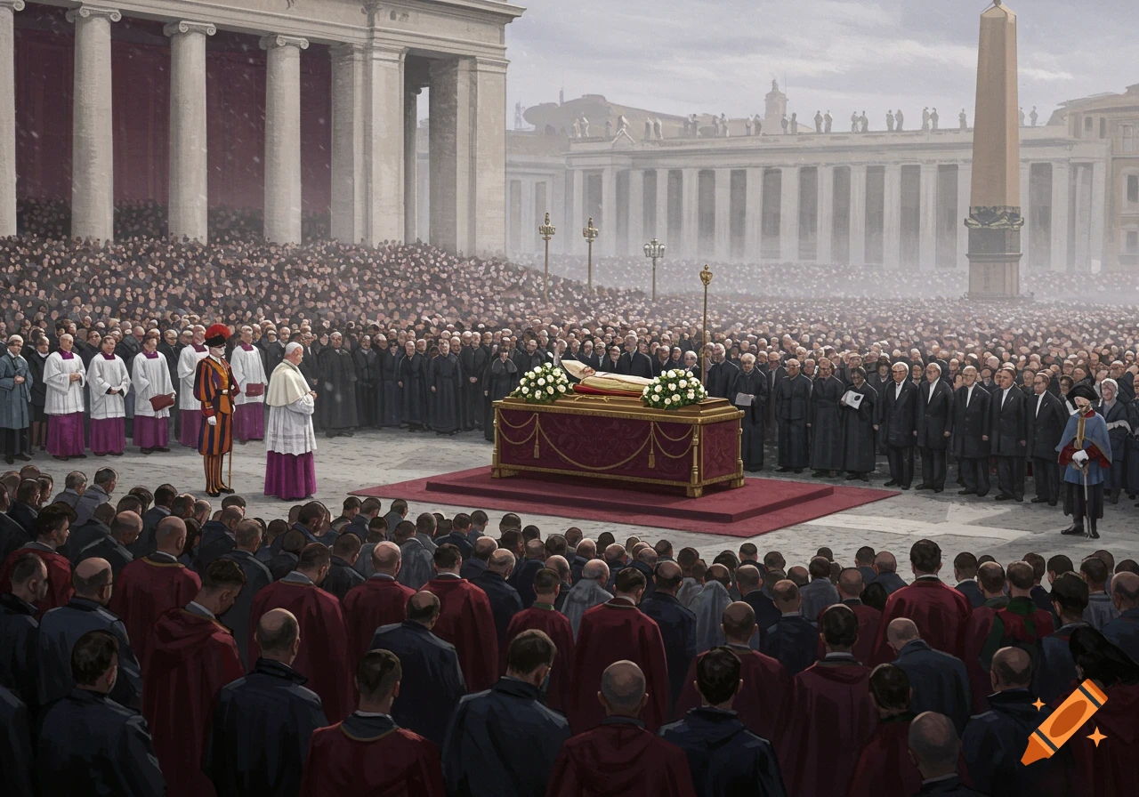A funeral ceremony is depicted in a plaza, featuring a coffin, a large gathering of people, and religious figures present.
