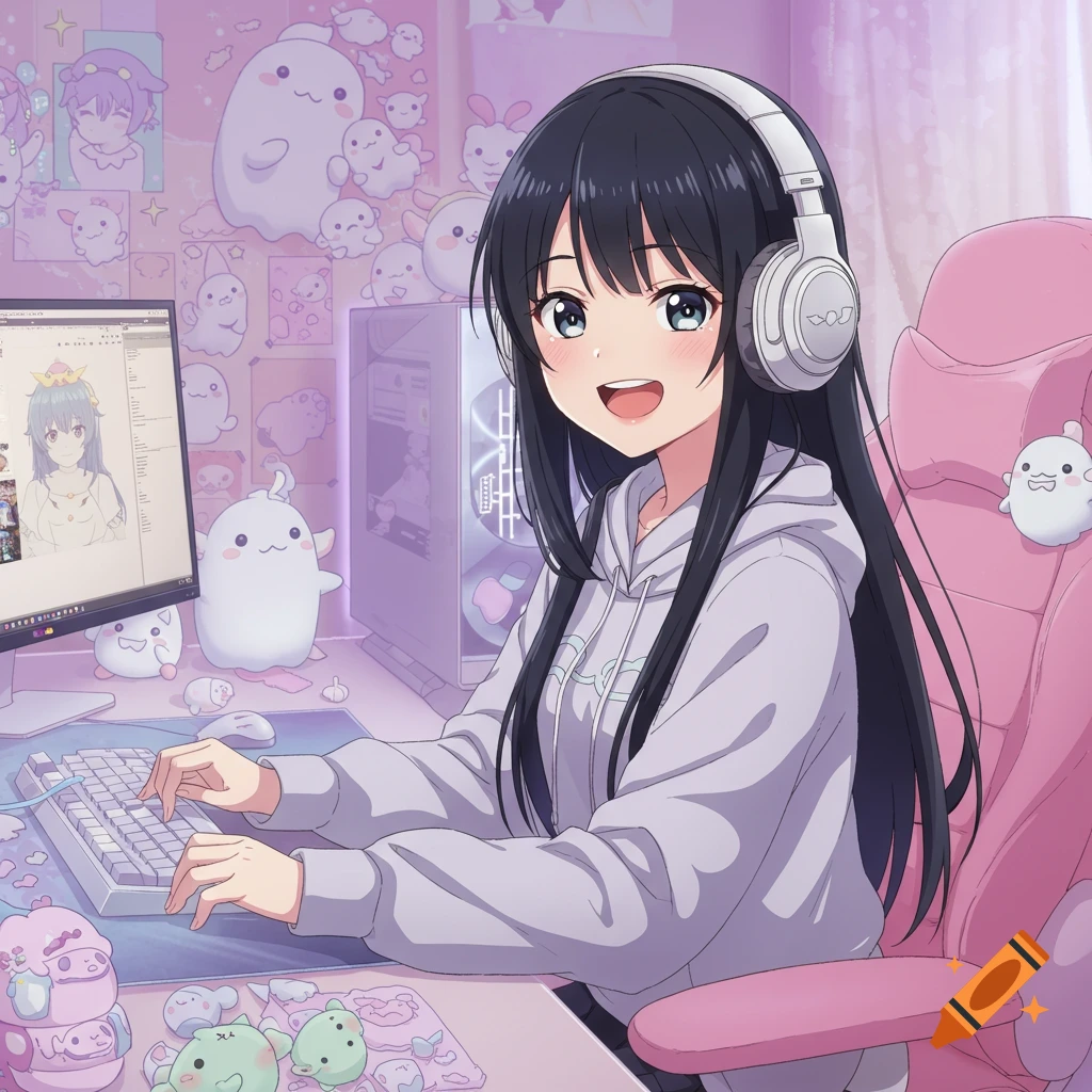 Anime girl with headphones at a pastel gaming setup decorated with cute ghost characters.