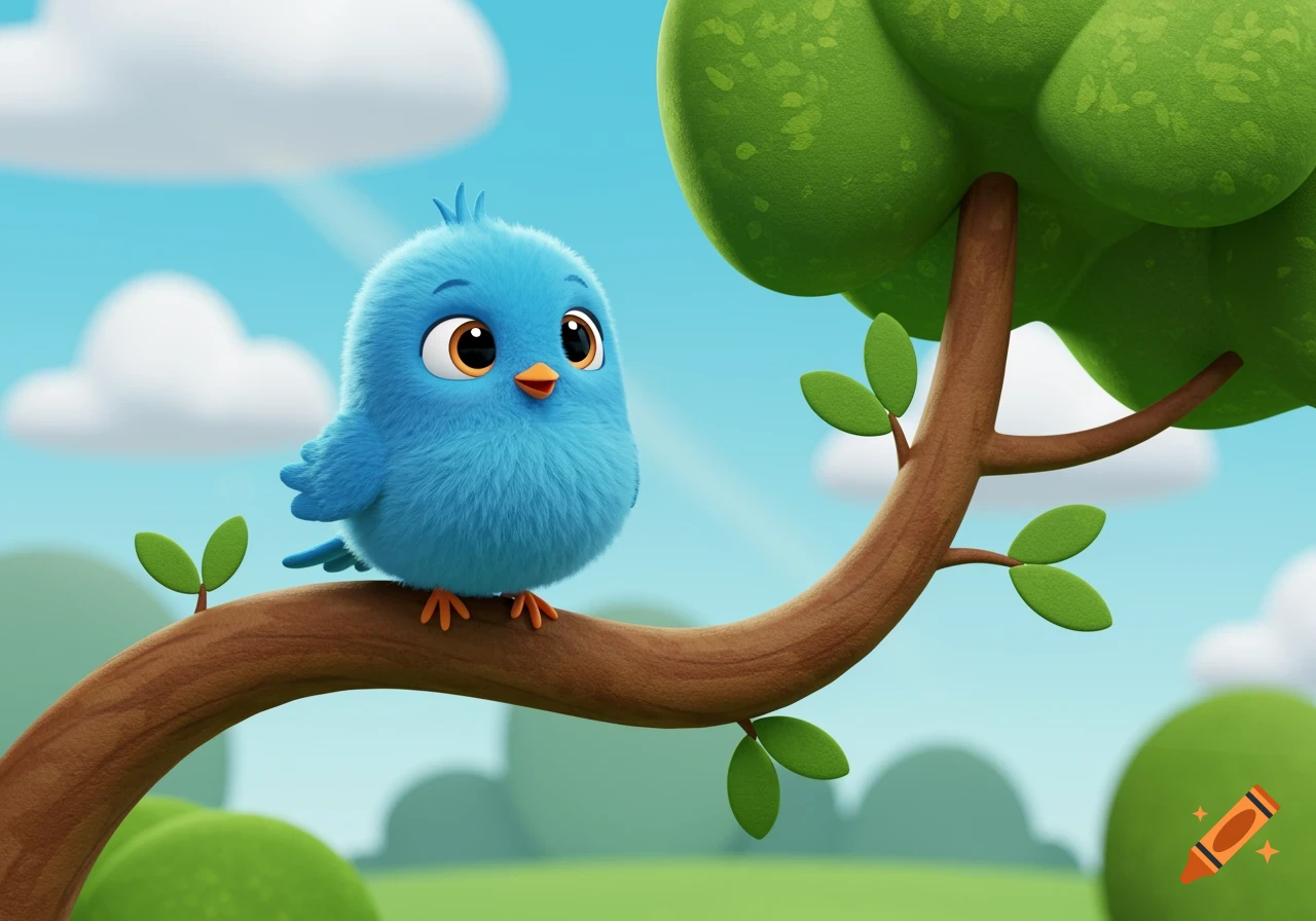 A cute cartoon blue bird sits on a tree branch.