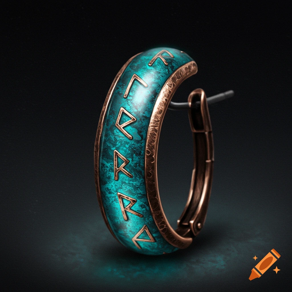 Close-up of a blue-green copper earring with inlaid golden runes.