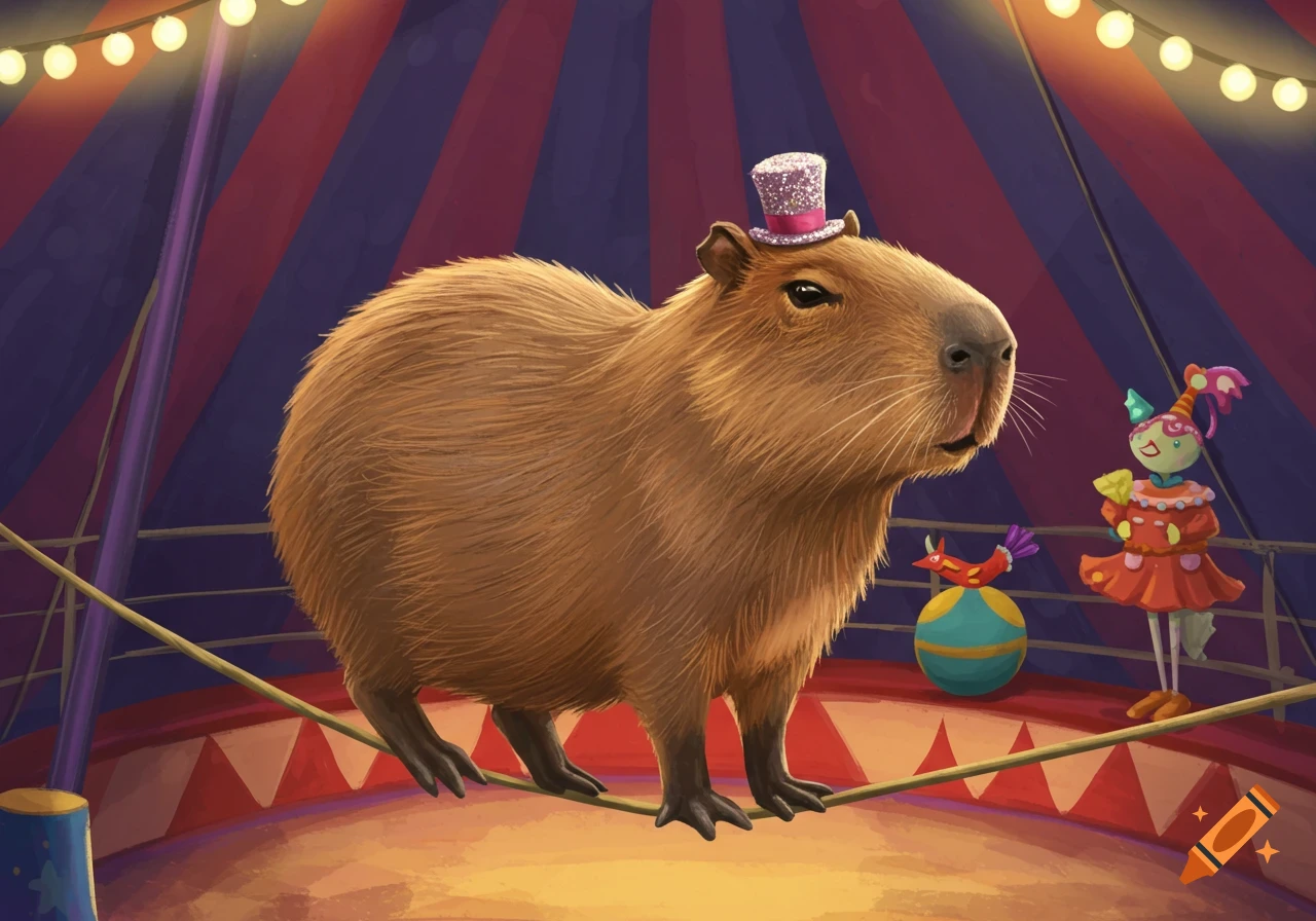 A capybara walking on a tightrope in a circus.