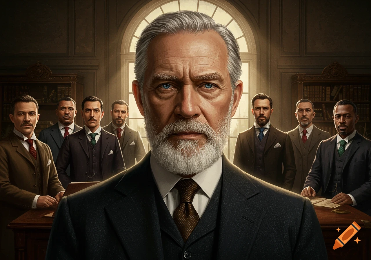 A serious older man with a white beard and blue eyes stands in front of a group of men in suits in a dimly lit room.