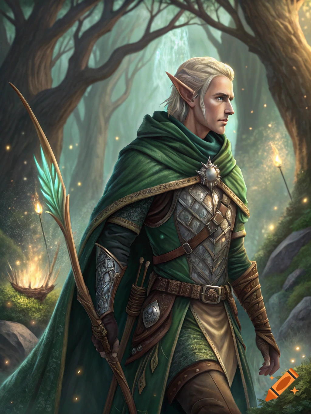 An elf archer in fantasy armor stands in a forest clearing holding a bow.