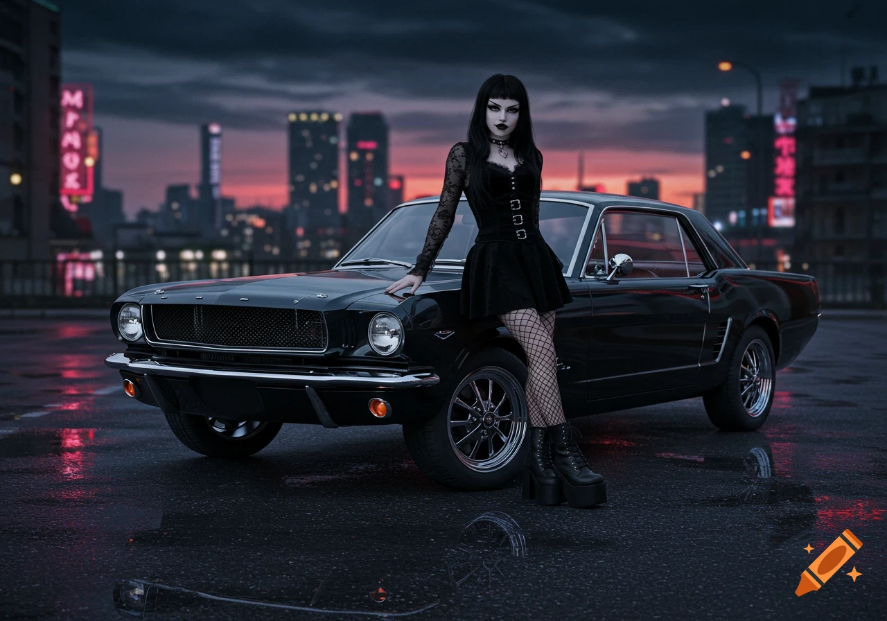 A goth girl poses beside a black classic car on a city street at night.