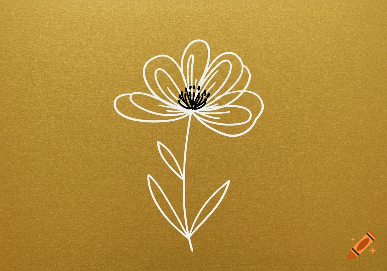 Simple white outline drawing of a flower on a textured gold background.