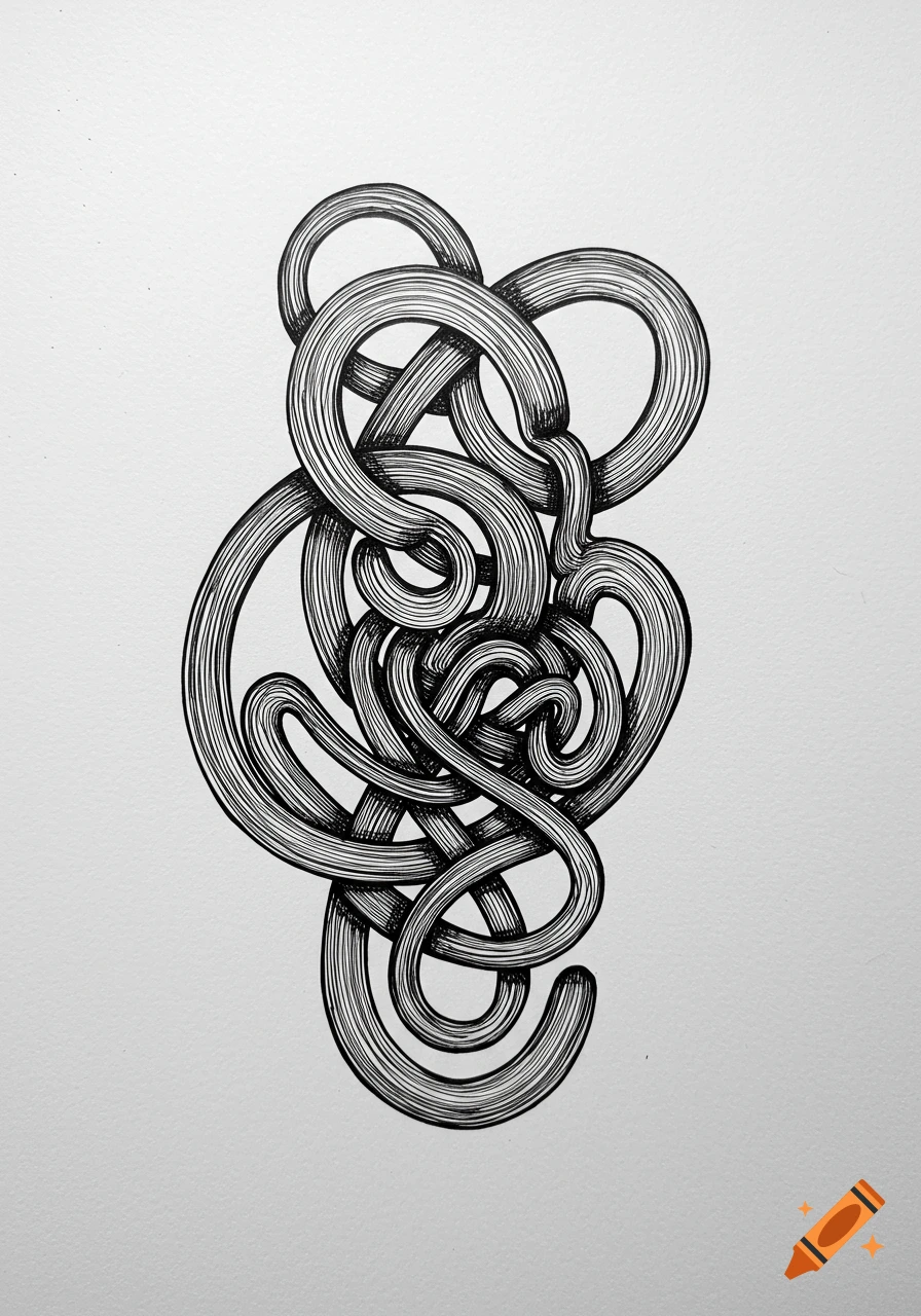Black and white abstract drawing of intertwined, textured lines.