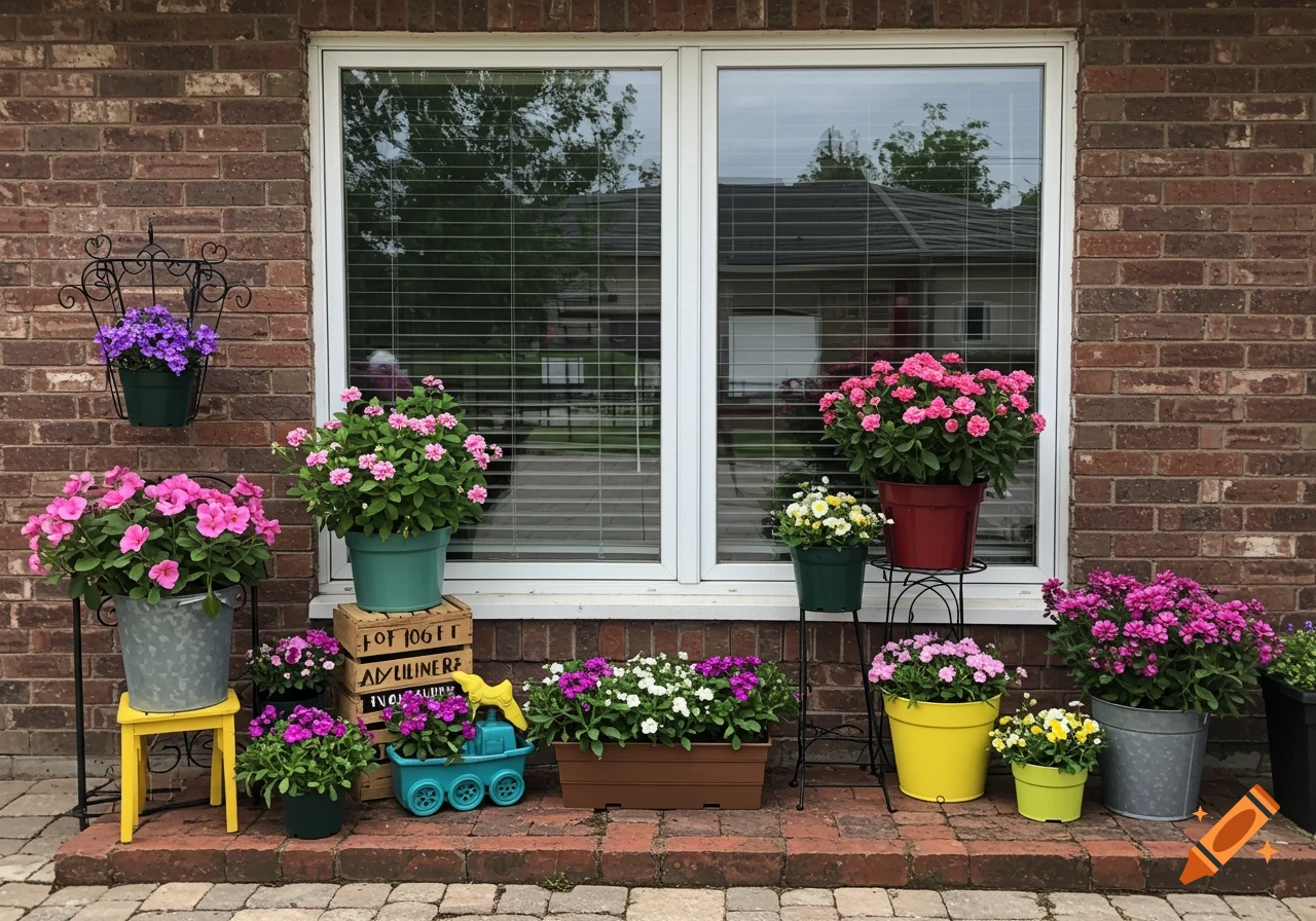 Potted pink, purple, and yellow flowers arranged on a brick patio outside a window.