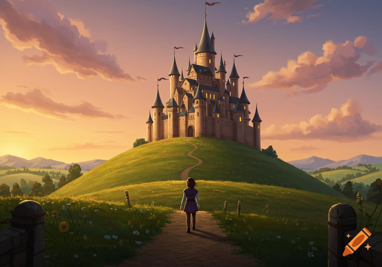 A person walks up a path towards a large castle on a grassy hill at sunset