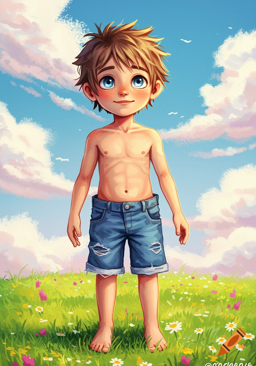 A young boy with blue eyes and messy hair stands barefoot in a grassy field under a cloudy sky.