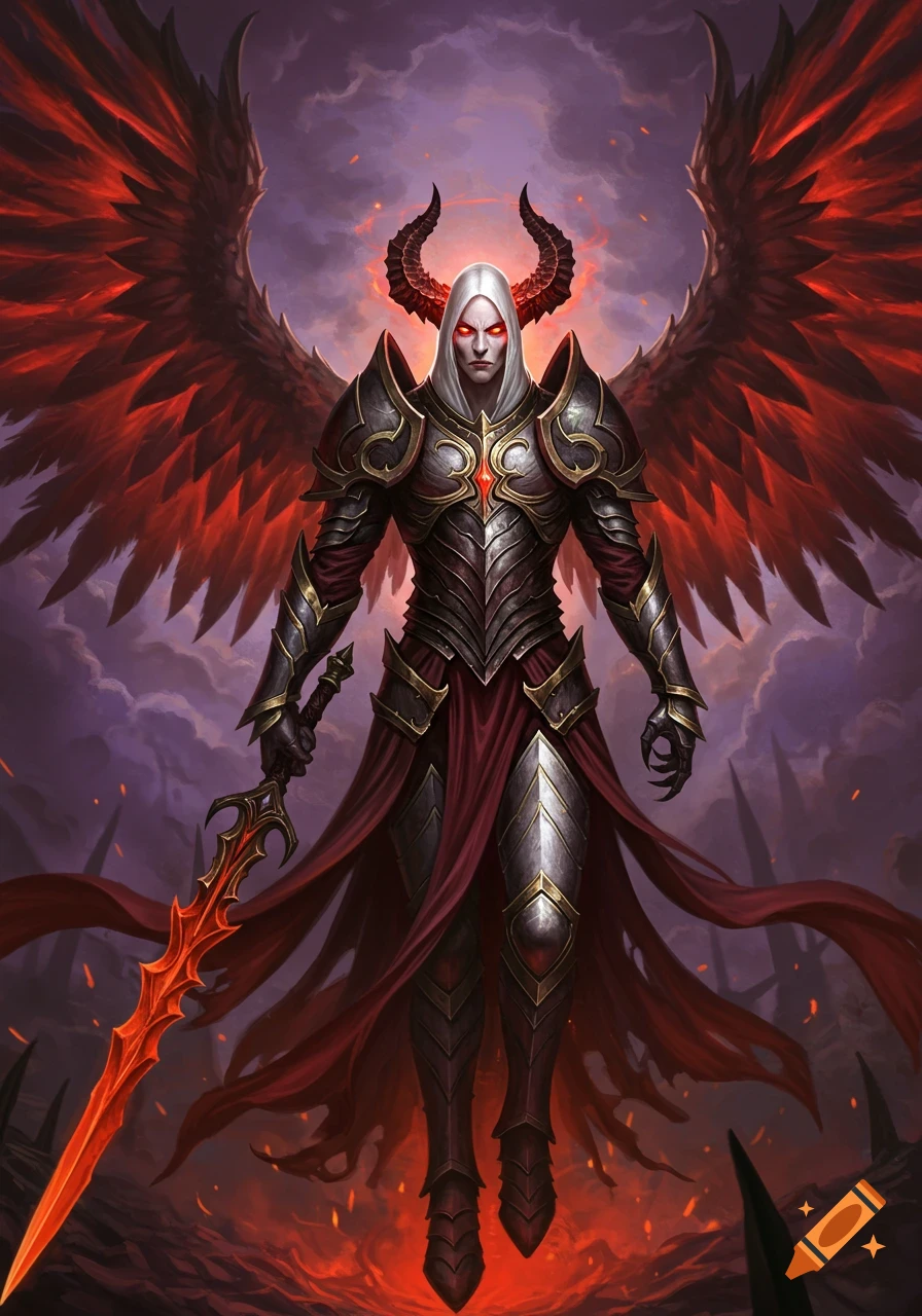 A dark fantasy figure with red wings, horns, armor, and a sword.
